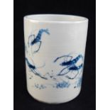 Chinese brush pot, crayfish decoration and inscription, six blue ink character marks to base, 11.