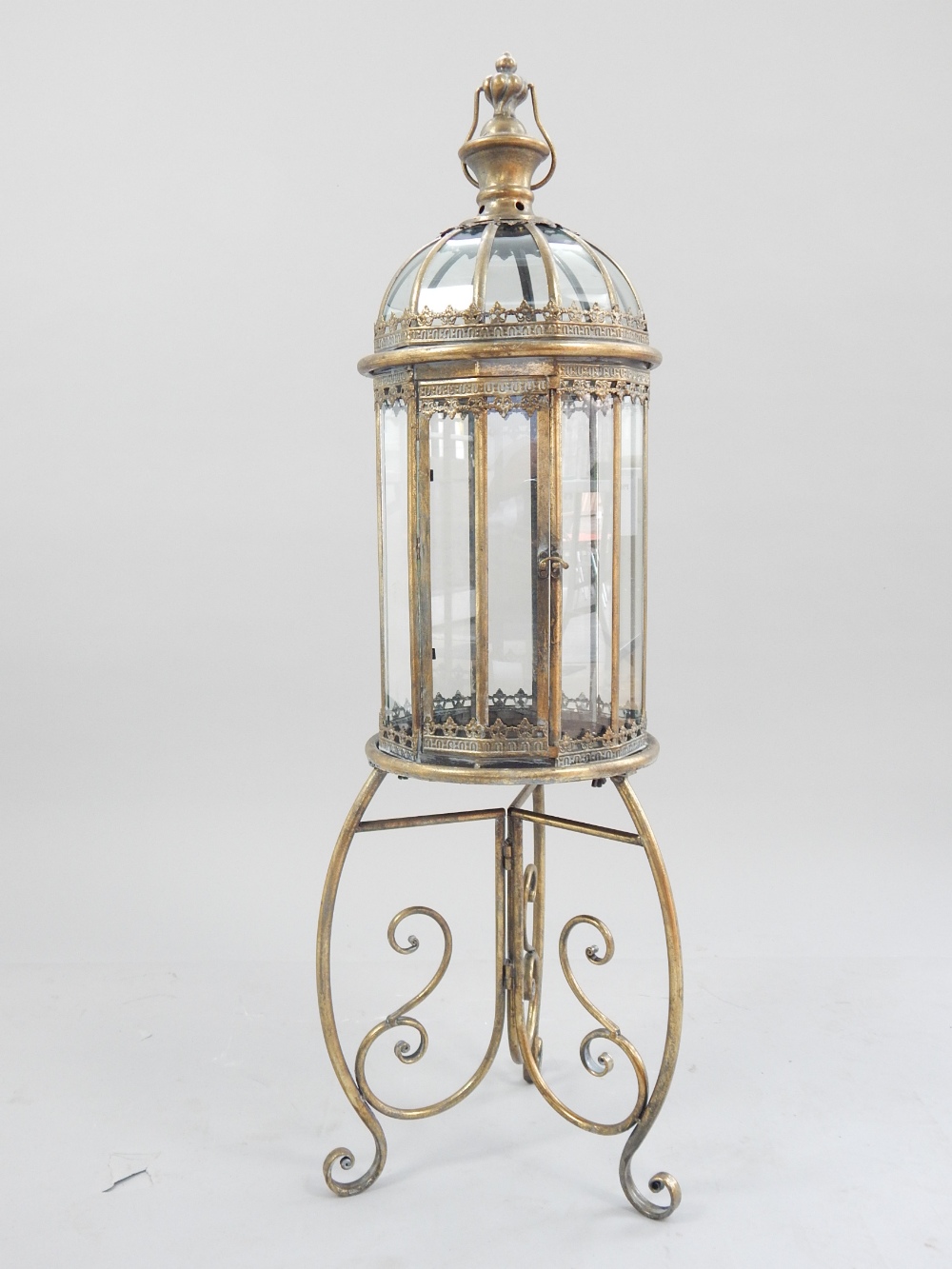 Italian style lantern on stand, domed top and twelve sided body on scroll legs,
