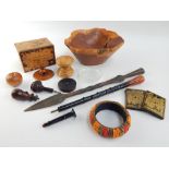 Collection of antique treen, etc, comprising seal box and seal, pokerwork card box, fruit bowl,