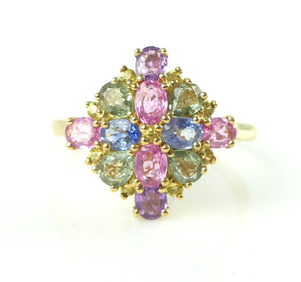9ct yellow gold and multi-coloured sapphire set dress ring, 4.