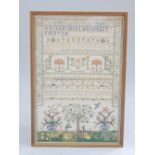 Needlepoint sampler with examples of embroidery and crewel work, trees, plants,