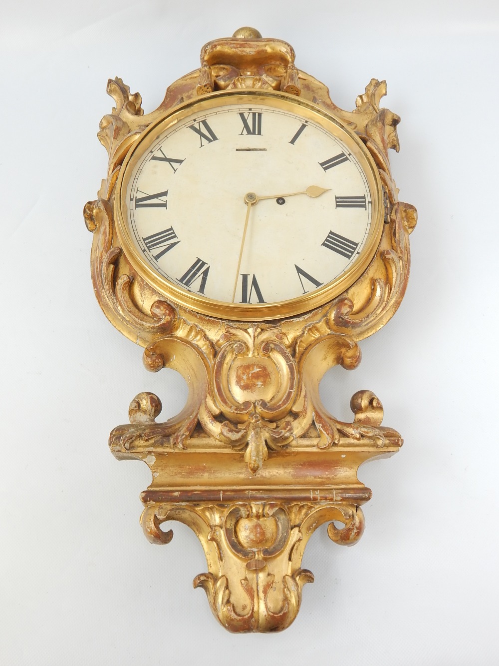 Continental wall clock, late 18th / early 19th C gilt frame, later double chain driven,