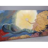 Large 20th century oil on canvas of a reclining semi-nude mermaid, signed Lisi 1995 lower right,