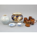 Chinese gilded dragon decorated jardiniere, 28cm dia, c 1920, four Ridgways treacle glaze mugs,