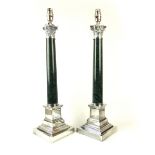 Pair of silver plated and green marble Corinthian column table lamps,