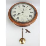 Victorian school clock, mahogany case, brass fusee movement,