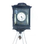 Late 19th C wall clock, painted with ceramic columns, enamel dial,