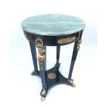 French Napoleonic style lamp table, green variegated marble top, brass laurel, shell,