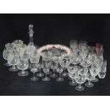 Set of Edwardian wine glasses, etched decoration, other champagne and liqueur glasses,