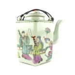 Chinese teapot, of hexagonal form and decorated with figures in an interior,