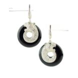 Pair of silver and cubic zirconia onyx earrings in the Cartier style