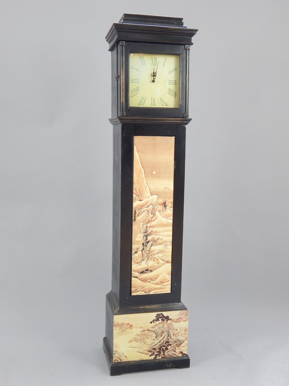 Contemporary grandmother clock with Oriental design decoration, 164cm h.