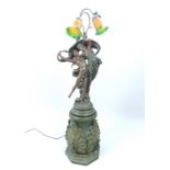 Art Nouveau style lamp, trumpet shades, semi-nude classical couple,