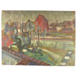 20th century abstract landscape, oil on board, reversible,