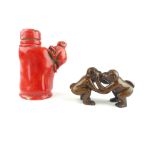 Chinese ceramic snuff bottle, moulded with monkey to side,