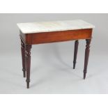 Victorian marble topped side table, the rectangular top above a plain frieze,