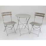 French farmhouse grey enamel bistro set of 60cm diameter table and two slat chairs (3)