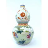 Chinese double gourd vase, floral polychrome decoration, floral, red bats, character symbols,