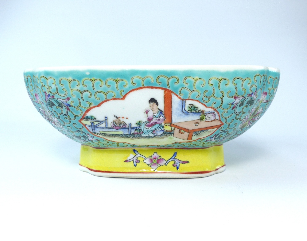 20th century Chinese famille vert bowl, square with cusped corners,