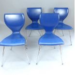 Set of 4 blue leather 'ant' chairs, design S support to back, chrome legs.