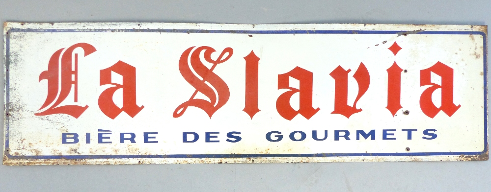 Mid 20th century French enamel advertising sign promoting beer, 'La Slavia - biere des goumets',