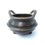 Chinese bronze censer, twin loop handles, tri-stub feet, character stamp to base,