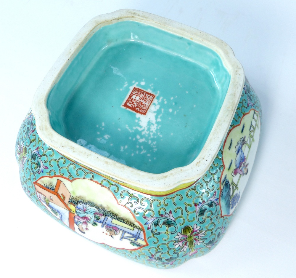 20th century Chinese famille vert bowl, square with cusped corners, - Image 3 of 3