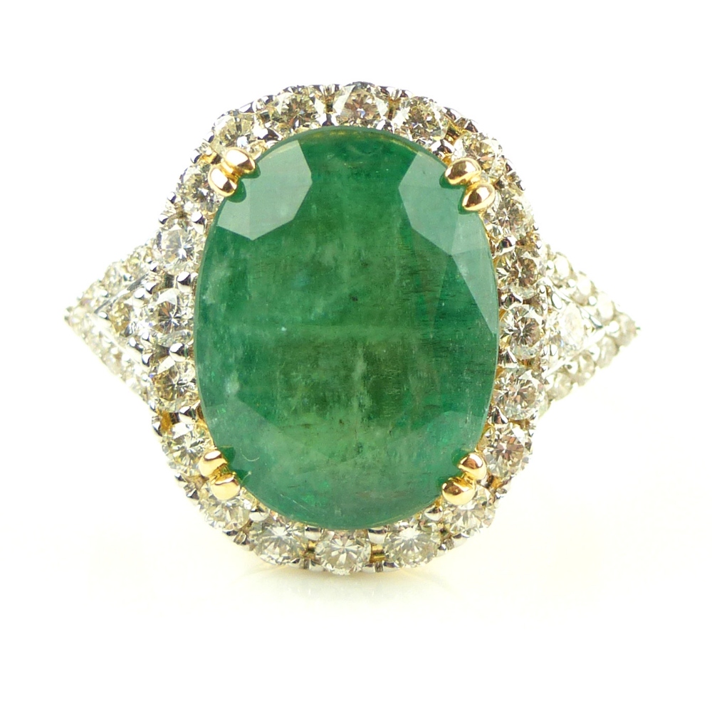 Emerald oval cut dress ring with a diamond surround, emerald of 6.93ct, diamonds 0. - Image 2 of 5