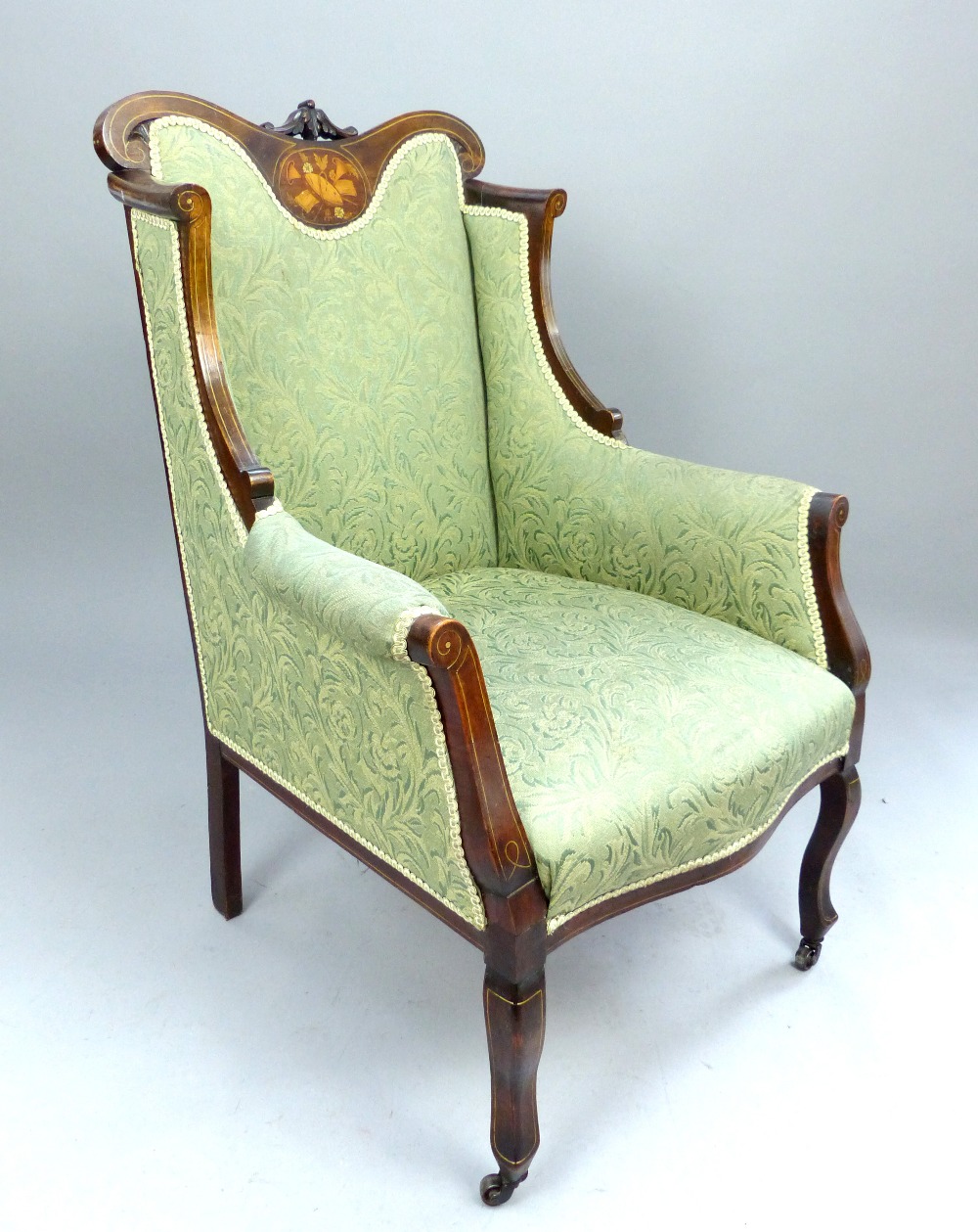 Edwardian wingback chair, mahogany with marquetry panel of musical instruments, floral carving, - Image 2 of 2