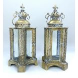 Pair of Italian design gilded garden candle lanterns, crome to top, front inverted bow sides,