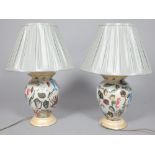 Two Chinese design lamps, hand-blown, hand-decorated and gilded with sea shells, cream shades,