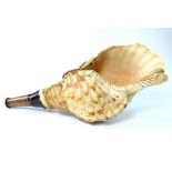 19th century conch shell, converted as a horn, fitted with a copper mouth-piece,