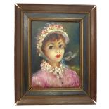 19th / 20th century oil on board, portrait of a girl wearing bonnet decorated with flowers,