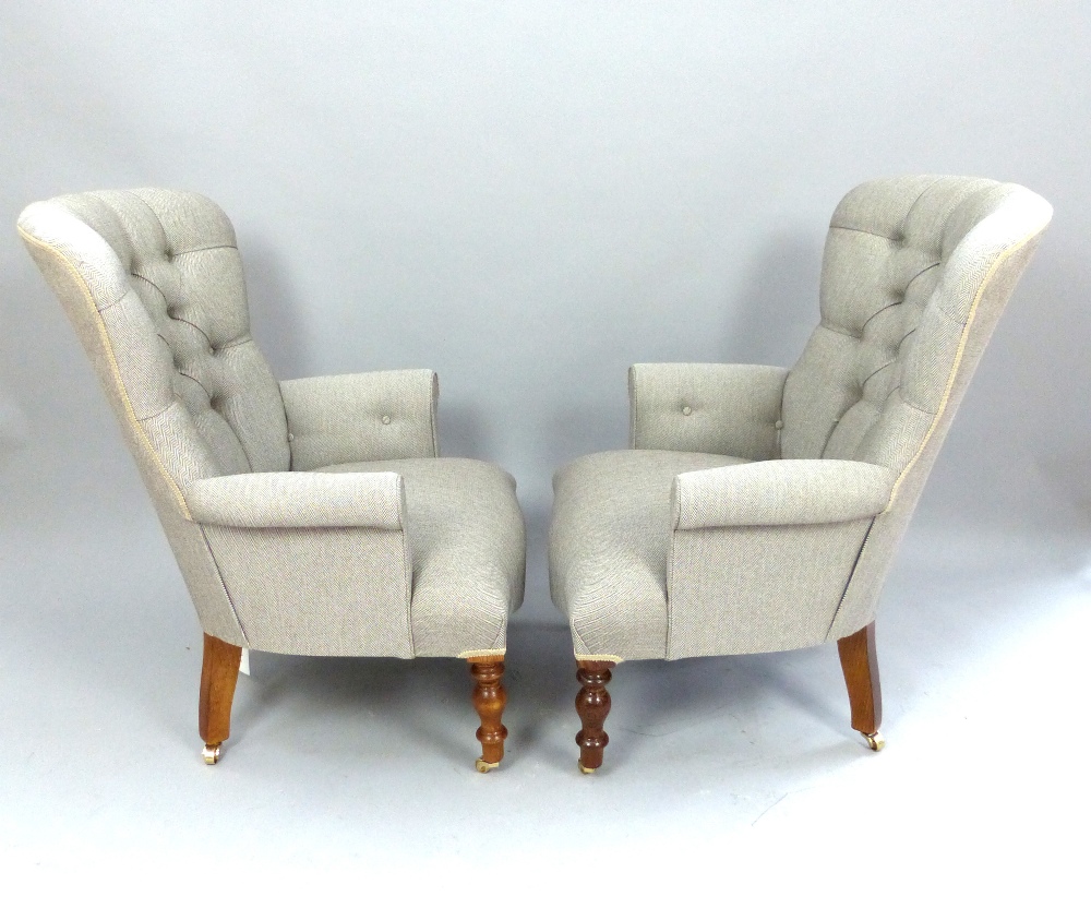 Pair of Herringbone upholstered study chairs, buttonback, turned legs and brass casters. - Image 2 of 2