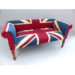 Contemporary Union Jack flag twin seat window hall bench, baluster feet,