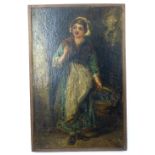 19th century oil on board depicting flower girl standing full length, 30x20cm