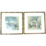 Pair of Chinese prints, scholars in a garden, 25 x 25cm (2) Four Chinese floral prints, showing