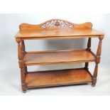 Victorian buffet, mahogany, triple tier, pierced and carved back board, spreading reed column