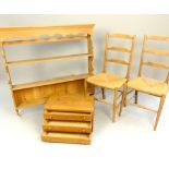 Pine collector's cabinet of three drawers, bun handles, 50cm w, pine hanging open shelving, 102cm w,