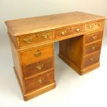 19th C pine twin pedestal desk, nine drawers with brass swan neck handles,