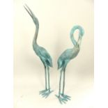 Pair of bronze contemporary bronze garden Heron statues, verdigris finish,