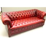 Red leather Chesterfield sofa button back arms and seat bun feet 195 cm w