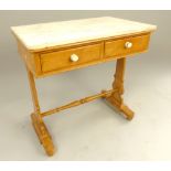 Pine writing desk, white marble top, two drawers with ceramic handles,