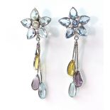 Pair of multi gemstone floral drop earrings, aquamarine, citrine,