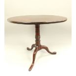 Georgian mahogany side table, circular, snap top, gunbarrel stem, tripod legs and pad feet, 80.