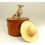 Ladies' wooden circular hat box, 52cm dia, and a Staffordshire ceramic pug dog ornament, 30.