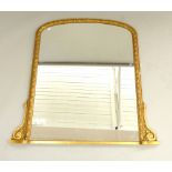19th C overmantel mirror, bead trim, ribbon twist with leaf and berry border, arch top,