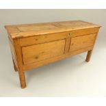Pine coffer / blanket box, panel lid and front, pitch pine chamfered legs, c 1900,