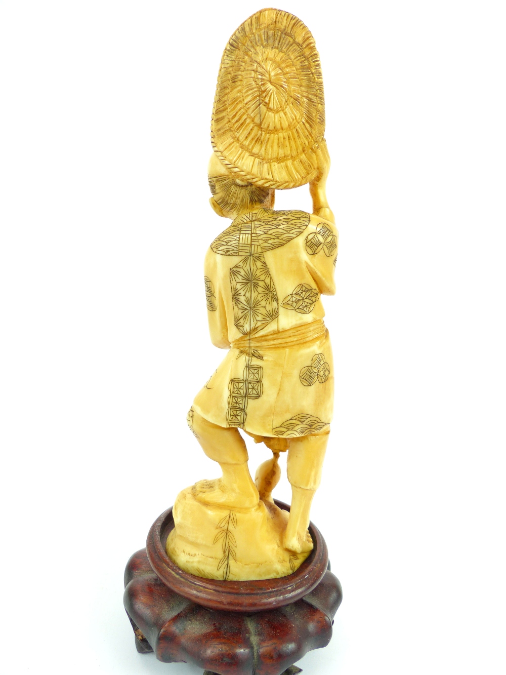 Japanese, 1920s ivory figure, study of a man in kimono with his Bokunan-Do raised from his head, - Image 3 of 4