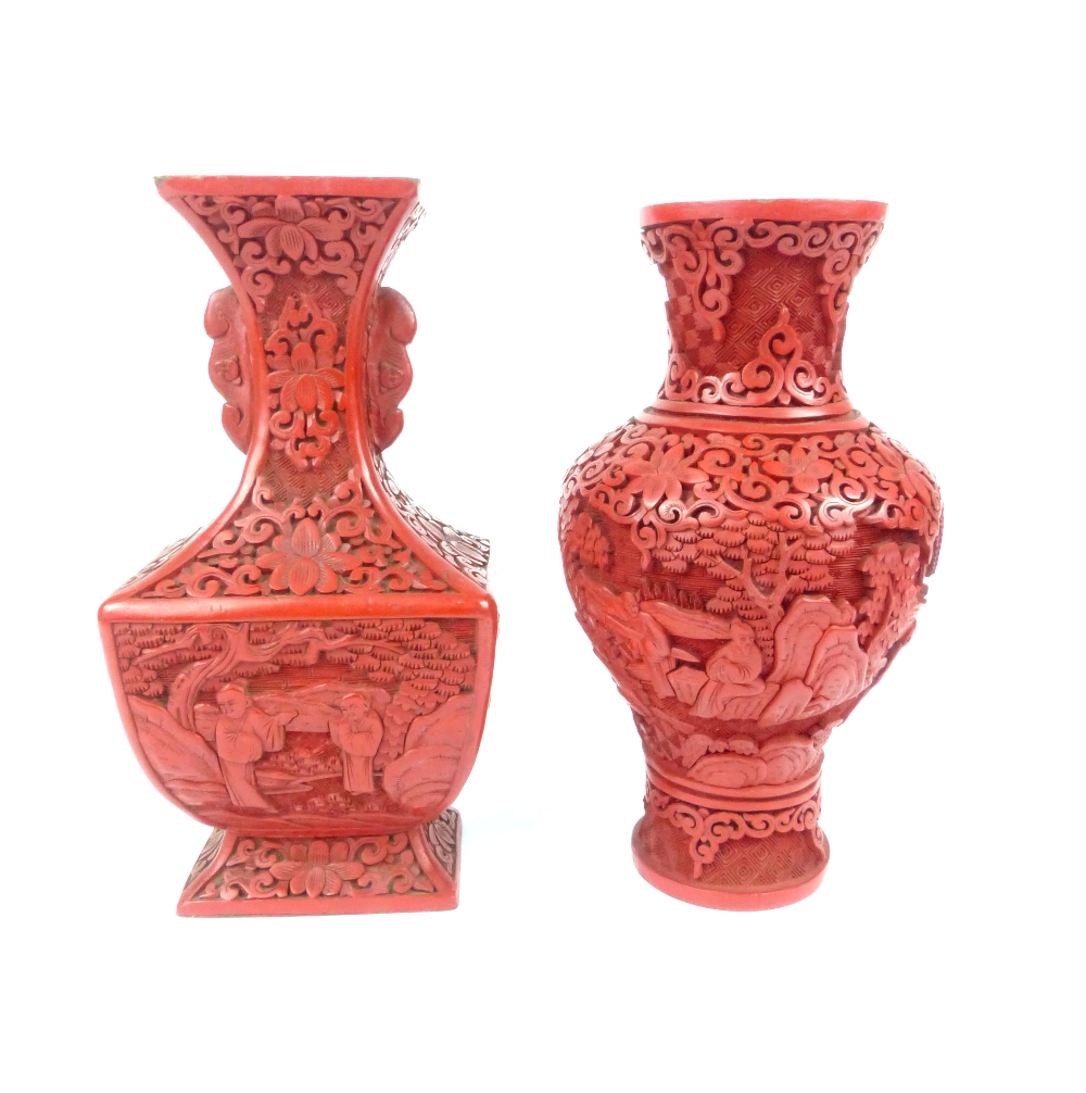 Two red cinnabar lacquer vases decorated with figures, scrolling flowers and trees, - Image 2 of 2